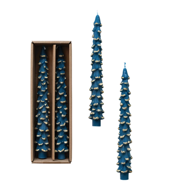 Add a refined glow to the decor with these golden-tipped, elegant tree-shaped taper candles. The set includes two unscented, tree-shaped candles in blue, each finished with a subtle gold accent at the tip, adding a touch of sophistication.
