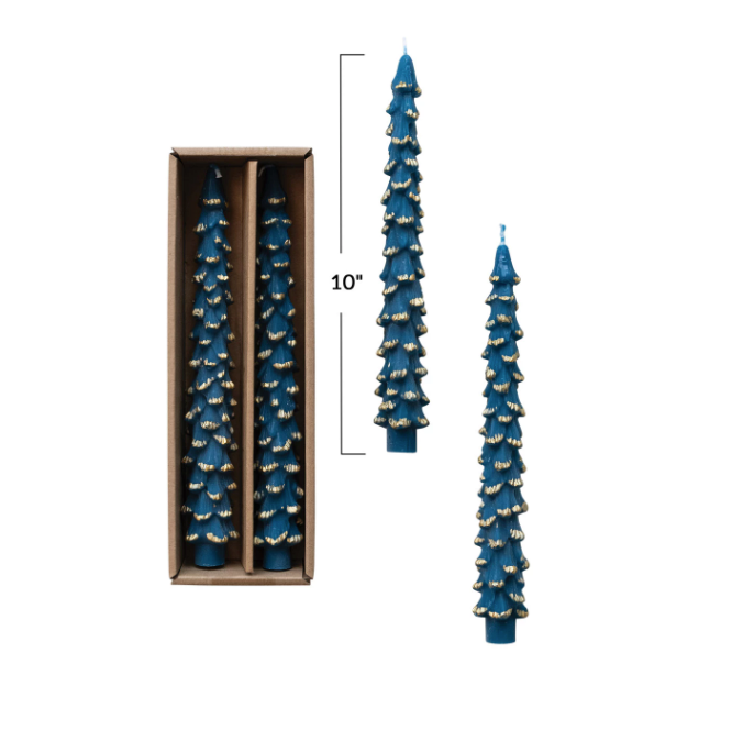 Add a refined glow to the decor with these golden-tipped, elegant tree-shaped taper candles. The set includes two unscented, tree-shaped candles in blue, each finished with a subtle gold accent at the tip, adding a touch of sophistication.