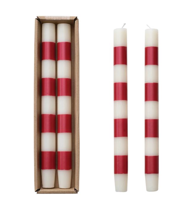 Illuminate your space with our 10"H Unscented Taper Candles, featuring elegant stripes and packaged in a set of 2. These stylish candles offer a classic touch with their refined striped design, perfect for adding a sophisticated flair to any occasion.