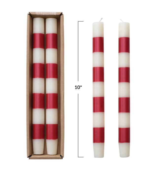 Illuminate your space with our 10"H Unscented Taper Candles, featuring elegant stripes and packaged in a set of 2. These stylish candles offer a classic touch with their refined striped design, perfect for adding a sophisticated flair to any occasion.