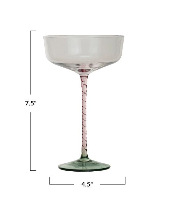 This 10 oz. champagne glass is a celebration in itself, featuring a clear bowl that sits atop a distinctively colored stem in pink and a green base.