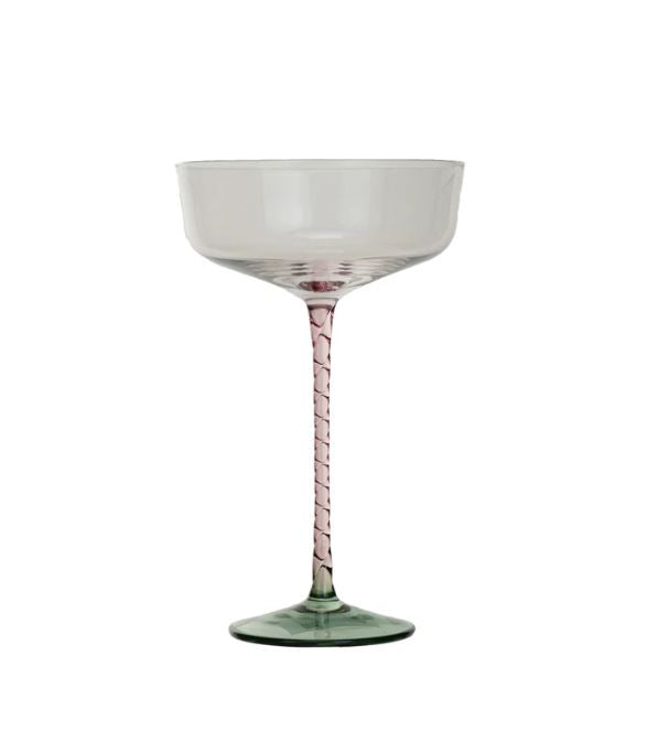 This 10 oz. champagne glass is a celebration in itself, featuring a clear bowl that sits atop a distinctively colored stem in pink and a green base.