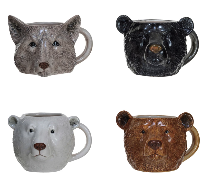 This set of 4 stoneware animal head shaped mugs is a fun and whimsical way to enjoy drinks and enhance the dining experience. The mugs come in 4 styles, each featuring a different animal head shape and color.