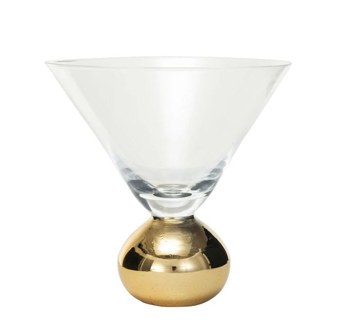 This 12-ounce martini glass is the epitome of chic, boasting a clear bowl that allows the vibrant colors of the cocktail to shine, supported by a striking gold electroplated ball stem. The round shape of the stem provides a unique visual contrast to the classic martini glass design, making it a standout piece for any occasion.