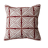 This square pillow is a showcase of craftsmanship, with its beautiful embroidery in metallic gold thread creating a captivating pattern. The natural and burgundy color palette brings warmth and depth, while the blanket stitch edge adds a handcrafted touch.