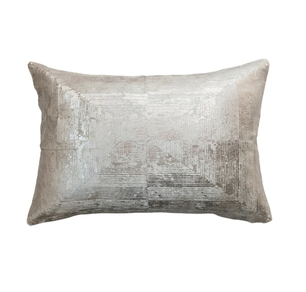 This Aureate Sands Velvet Lumbar Pillow exudes a quiet elegance with its creamy sand hue and shimmering gold foil pattern. The luxurious blend of viscose and cotton velvet offers a smooth, indulgent touch, while the polyester filling provides a comforting, resilient cushion. Measuring 20 inches long and 14 inches high, this pillow is ideally sized for adding an accent of refined glamour to any seating arrangement.