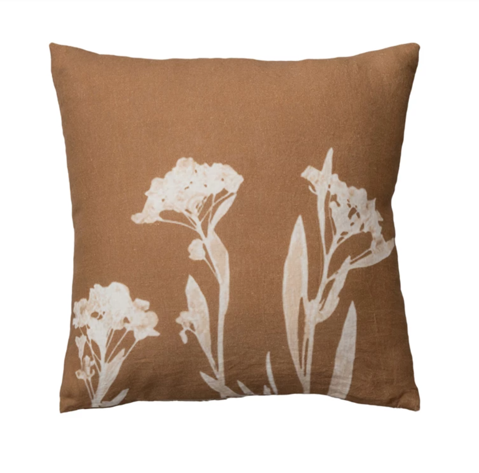 Brown and natural linen printed pillow with floral image. Machine Wash Warm, Gentle Cycle, Do Not Bleach, Tumble Dry Low, Warm Iron if Needed.&nbsp;