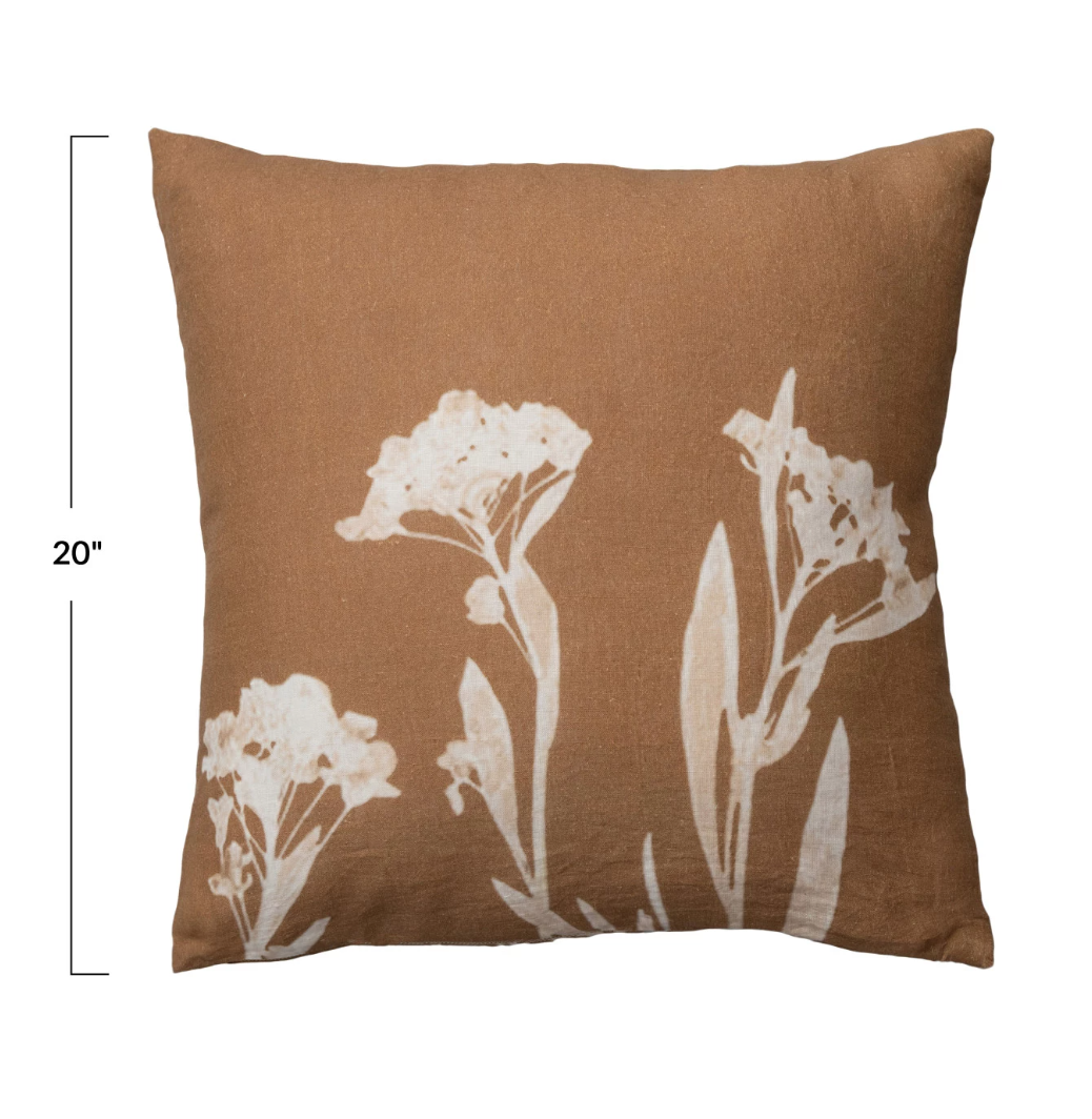 Brown and natural linen printed pillow with floral image. Machine Wash Warm, Gentle Cycle, Do Not Bleach, Tumble Dry Low, Warm Iron if Needed.&nbsp;