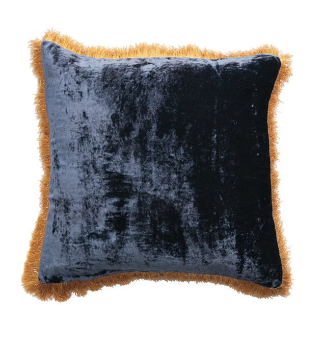 20" Square Fabric Blend Pillow w/ Fringe, Navy & Gold Color