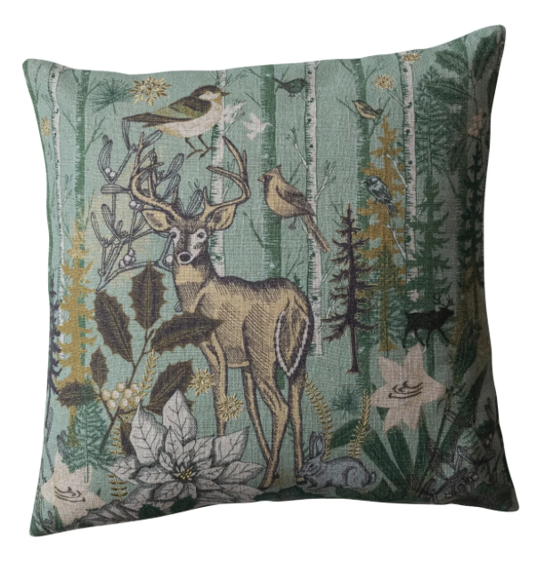 This 20-inch square cotton and linen printed pillow is a celebration of the natural world, adorned with a detailed flora and fauna pattern and accented with metallic gold thread embroidery. The dual-sided design features a chambray back, providing two versatile looks in one.