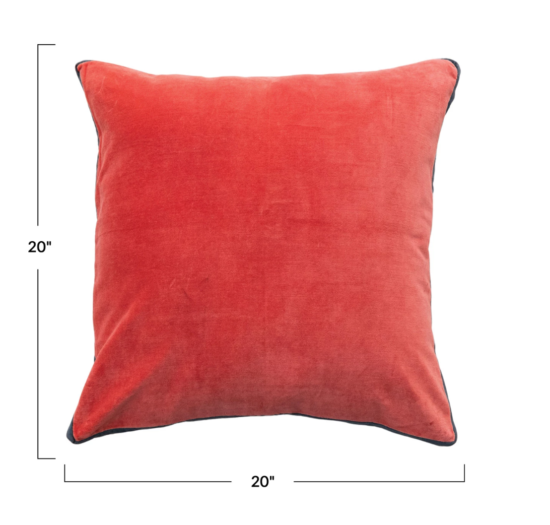 This 20-inch Square Pillow is a blend of classic charm and modern sophistication, with its striking Berry and Navy color palette. The contrasting gusset adds a unique, dimensional flair that's reminiscent of the art deco era, while the cotton velvet material provides a soft, tactile experience.