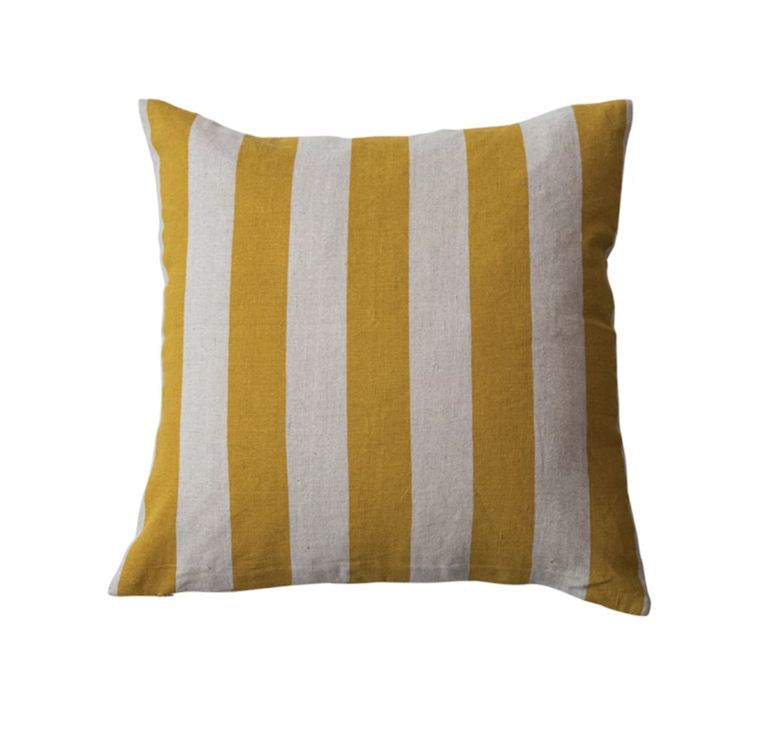 This yellow and natural cotton and linen striped pillow is a classic and cozy addition to any space. It features a simple and elegant striped pattern with horizontal stripes of different widths, creating contrast and interest. The pillow is made of a rich, smooth cotton and linen blend fabric, providing a soft and breathable feel. 