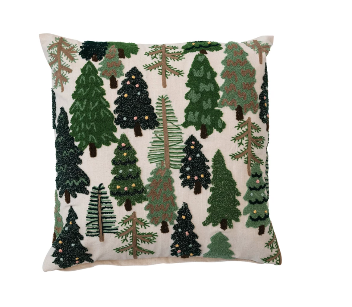 This enchanting cotton throw pillow features an intricate forest scene with embroidery, French knots, and pops of holiday color. Celebrate the holidays in style with our charming collection of holiday throw pillows, featuring cozy designs from classic motifs to modern patterns, and luxurious materials to create a warm and inviting atmosphere.