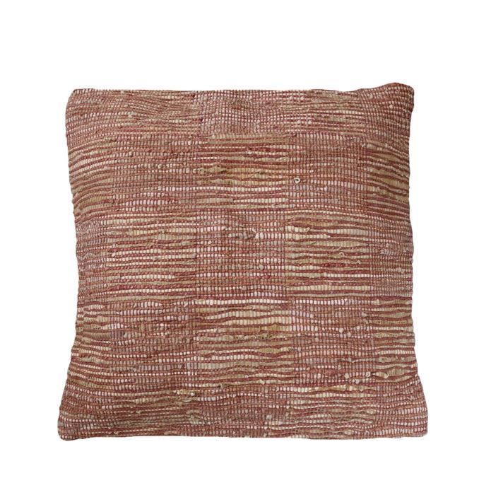 The 32" Square Jute &amp; Leather Chindi Floor Pillow blends rustic charm with modern design, featuring a unique chindi weave crafted from jute and leather in earthy putty and rust tones. Perfect for casual seating or as a statement accent, this generously sized floor pillow adds texture and warmth to any room. Its durable construction ensures long-lasting style, making it an ideal choice for living spaces, reading nooks, or bohemian-inspired decor.