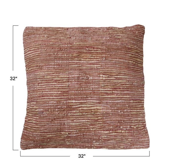 The 32" Square Jute &amp; Leather Chindi Floor Pillow blends rustic charm with modern design, featuring a unique chindi weave crafted from jute and leather in earthy putty and rust tones. Perfect for casual seating or as a statement accent, this generously sized floor pillow adds texture and warmth to any room. Its durable construction ensures long-lasting style, making it an ideal choice for living spaces, reading nooks, or bohemian-inspired decor.
