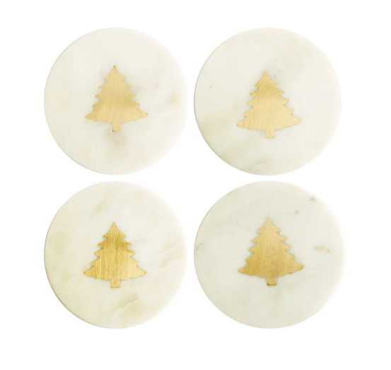 This set of four marble coasters is a harmonious blend of functionality and artistry. The white marble provides a cool, smooth surface, while the brass tree inlay adds a unique, decorative touch.