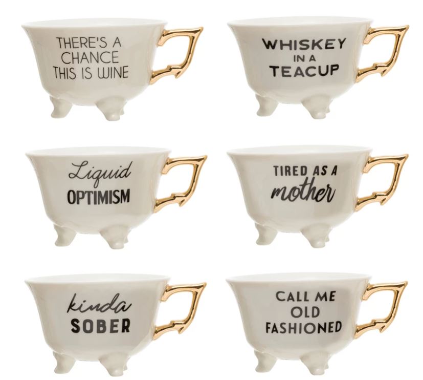 Sip in style with our elegant 6 oz. Stoneware Footed Teacup, designed to bring charm and sophistication to your tea time. Featuring a classic black and white palette, each teacup showcases an inspiring saying and is beautifully accented with gold electroplating for an extra touch of luxury.