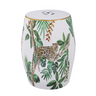 Lively artwork gives this jungle-themed ceramic stool upbeat vibes to go with its useful design. The cheetah and jungle graphic play into the natural, bohemian feel. Used as either a stool or an end table, this piece brings effective decoration to any family room, living room or bedroom.