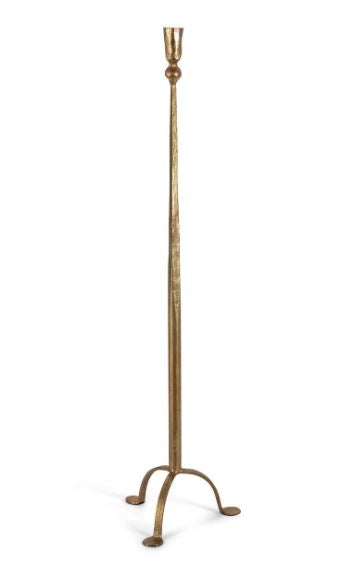 Our Antique Gold Iron Candlestick adds elegant drama with its elongated profile and matte gold finish. The tripod base offers stability to the 23” tall candlestick, while its tapered silhouette adds a daintiness despite its imposing height and weighted composition.