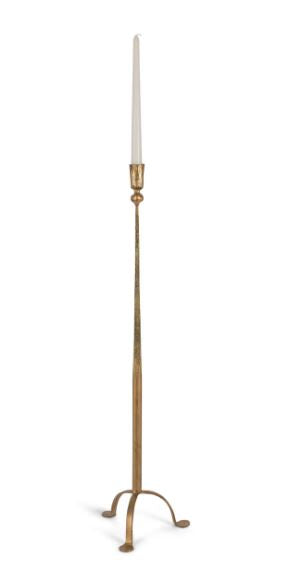 Our Antique Gold Iron Candlestick adds elegant drama with its elongated profile and matte gold finish. The tripod base offers stability to the 23” tall candlestick, while its tapered silhouette adds a daintiness despite its imposing height and weighted composition.