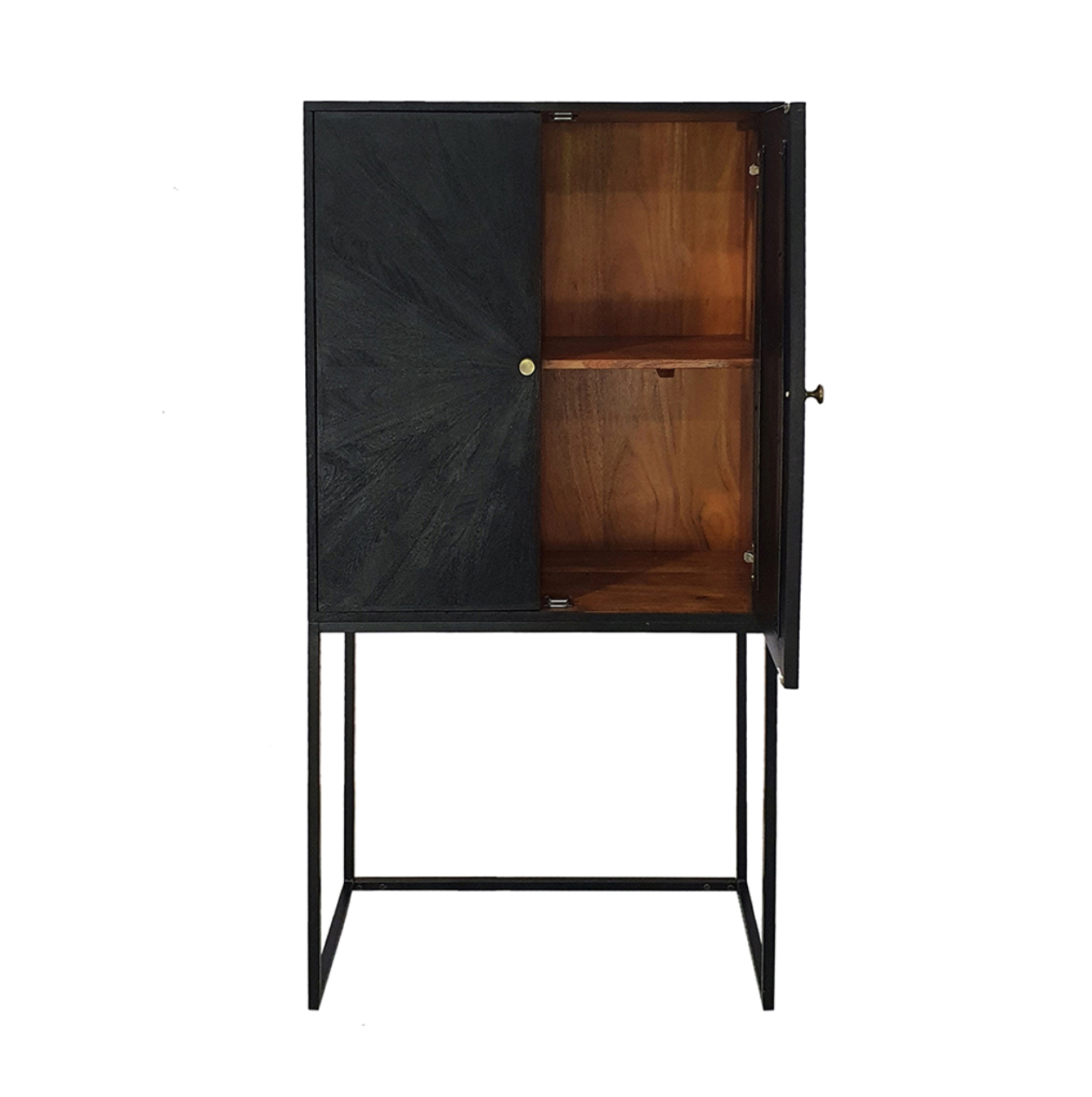 Combining style and function perfectly, this accent cabinet showcases a sleek black color, a thin iron base and two doors. Perfect for storage, but it could also be used as a pedestal to display decorative accents on top. The neutral color also allows this piece to complement a wide variety of interior styles and decors, making for a hassle-free fixture in your living room, bedroom, dining room.