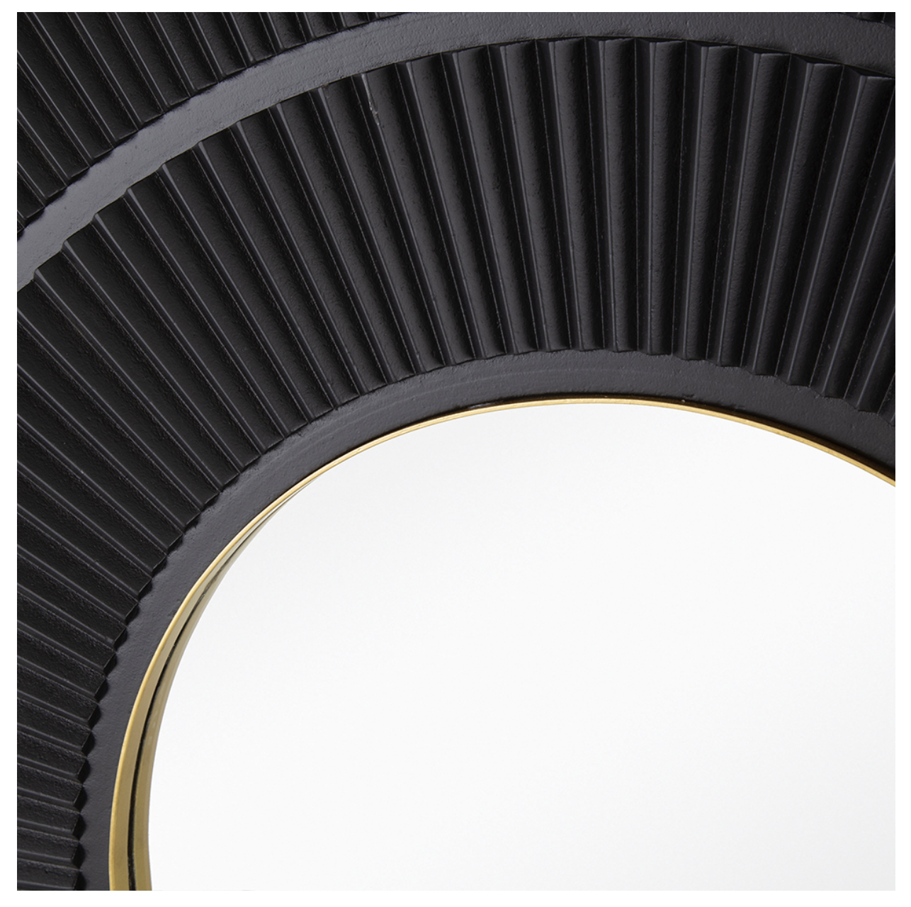 Framed in striking gold iron, this decorative square accent mirror boasts a rich black wood border that provides the perfect touch of contrast. Completing the unique visuals, an intricately carved pleated pattern surrounds three rings that lead to the mirrored glass center. Measuring 39.5H x 39.5W x 1.5D, this mirror will thrive in any room of your home.