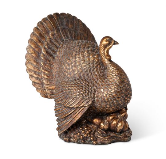 Elevate your holiday gatherings with our stunning Bronze Turkey Centerpiece, measuring 14"L x 12.5"W x 16"H. This beautifully designed piece adds a touch of elegance and warmth to your table setting, making it the perfect focal point for Thanksgiving or fall celebrations.