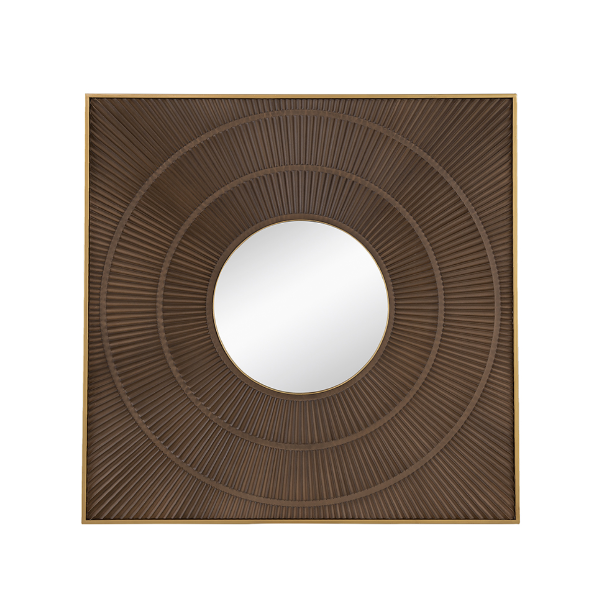 Framed in striking gold iron, this decorative square accent mirror boasts a rich brown wood border that provides the perfect touch of contrast. Completing the unique visuals, an intricately carved pleated pattern surrounds three rings that lead to the mirrored glass center. Measuring 39.5H x 39.5W x 1.5D, this mirror will thrive in any room of your home.