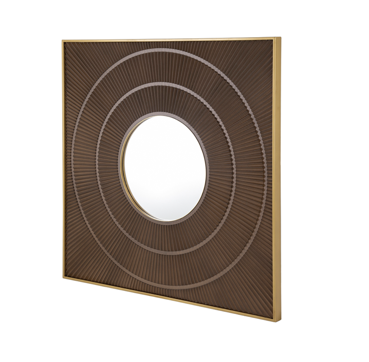 Framed in striking gold iron, this decorative square accent mirror boasts a rich brown wood border that provides the perfect touch of contrast. Completing the unique visuals, an intricately carved pleated pattern surrounds three rings that lead to the mirrored glass center. Measuring 39.5H x 39.5W x 1.5D, this mirror will thrive in any room of your home.