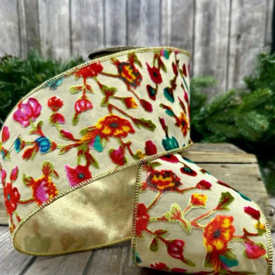 Add a vibrant touch to your creations with our Multicolor Burn Out Velvet Floral Ribbon. Measuring 4" wide and 10 yards long, this stunning ribbon features a beautiful floral pattern that combines rich colors with a soft, textured finish.