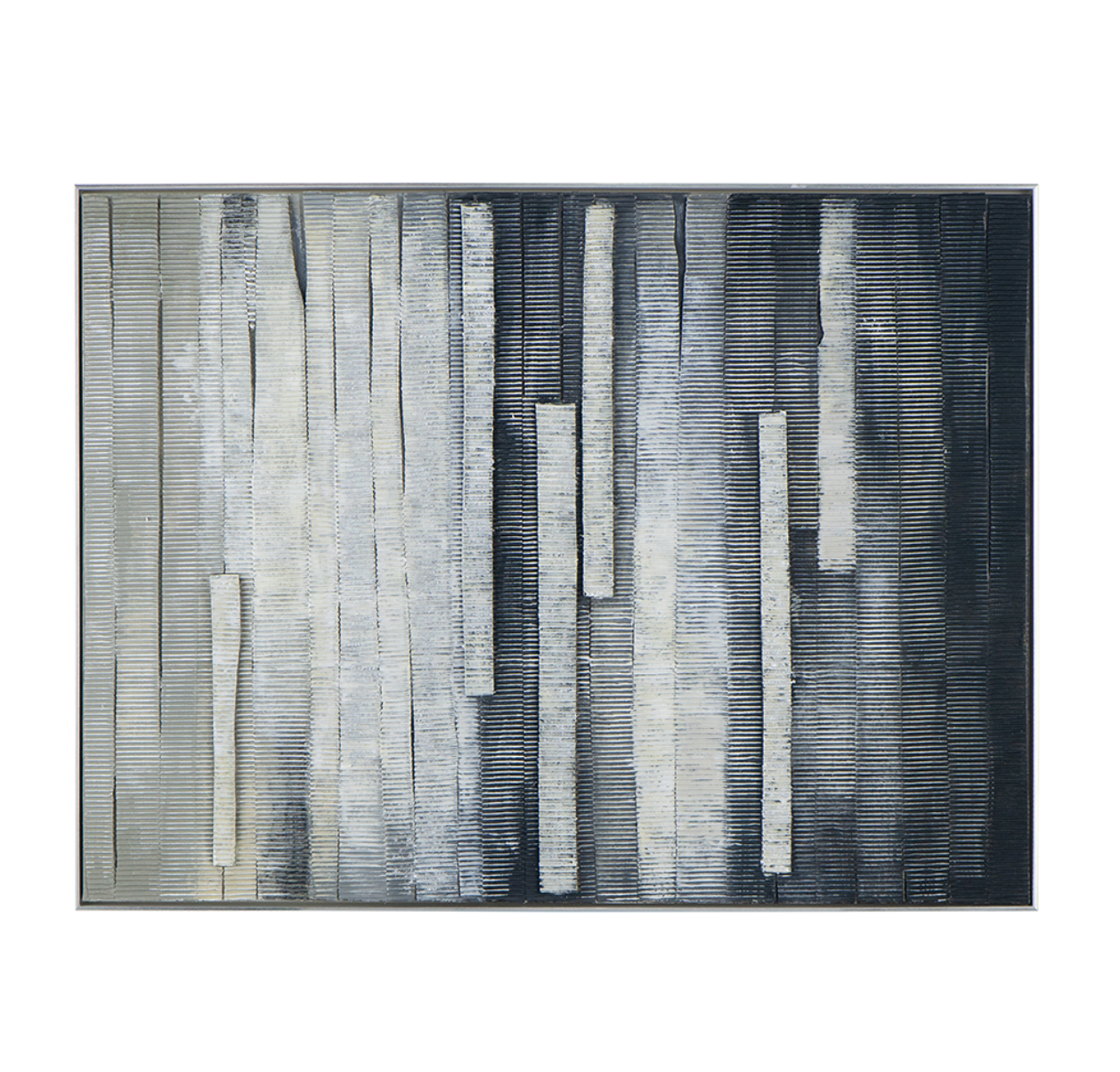 The Camacho framed wall art has strong lines and graphic energy that is the perfect to accent any room. This hand painted oil on canvas is able to be hung vertically or horizontally, and adds texture and dimension with tones of blue-gray, beige, and cream. Create a focal point in your office, living room, or entry and give your home a touch of modern style.