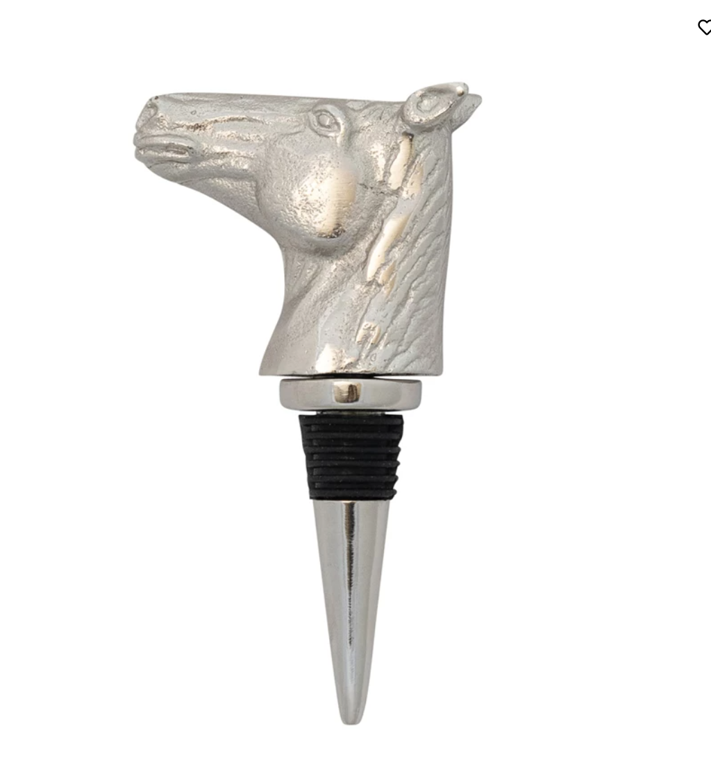 A nickel-finished cast aluminum horse head bottle stopper.