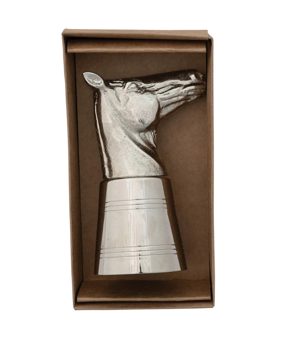 A silver horse head jigger made of cast aluminum and stainless steel, featuring a distinctive design with a nickel finish.