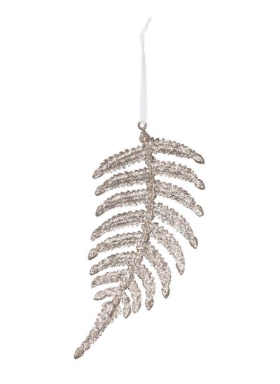 Our Champagne Gem Fern Frond Ornament is like jewelry for your tree. Combining the shape of a natural fern leaf and adding the glitz and glimmer of gems and glitter, this fancy frond will add sparkle to your holiday.