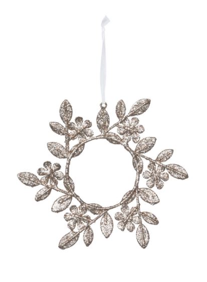 Our Champagne Gem Floral Wreath Ornament is a dazzling bauble with holiday meaning. Exemplifying celebration and eternity as a jeweled wreath created of floral and vine motifs, this shatterproof stunner glistens with gems and glitter, a beautiful symbol of holiday splendor.