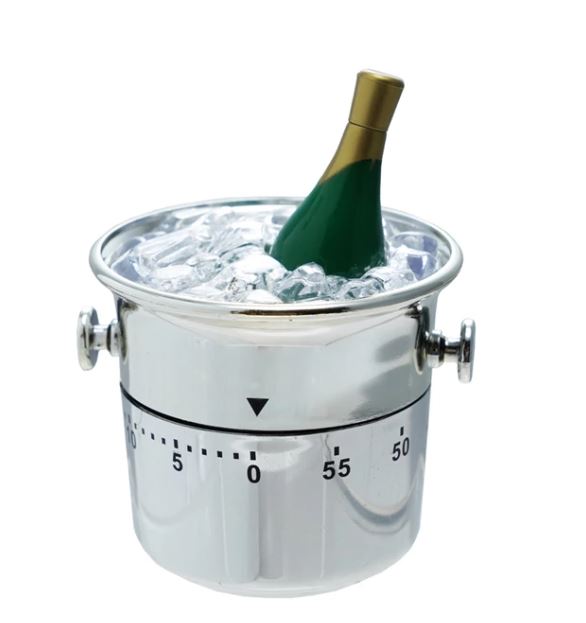 A silver-colored, ice-bucket-shaped kitchen timer with a miniature champagne bottle and ice design on top.