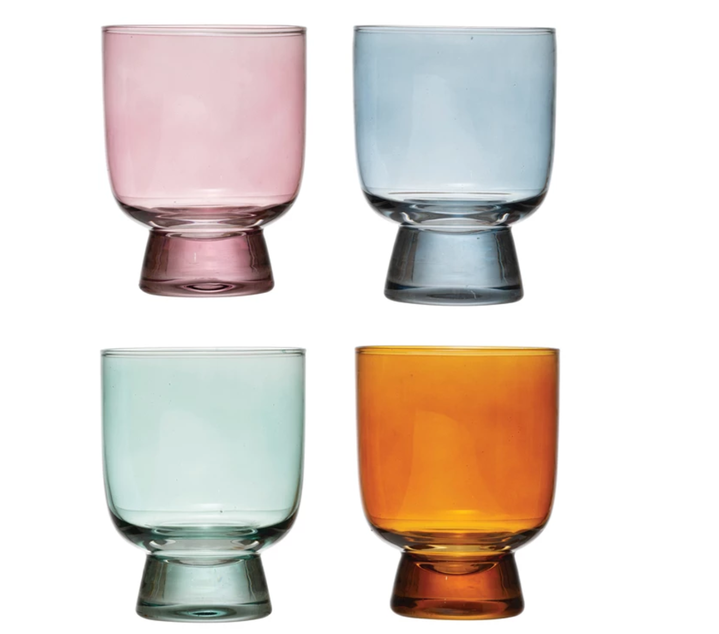 A set of four drinking glasses in different colors: pink, blue, green, and orange.