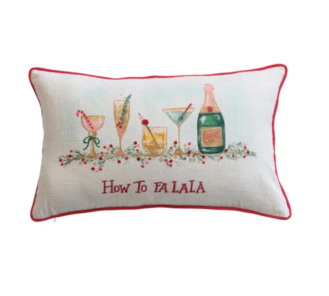 Lumbar Pillow w/ Embroidery & Red Piping "How to FA LA LA"