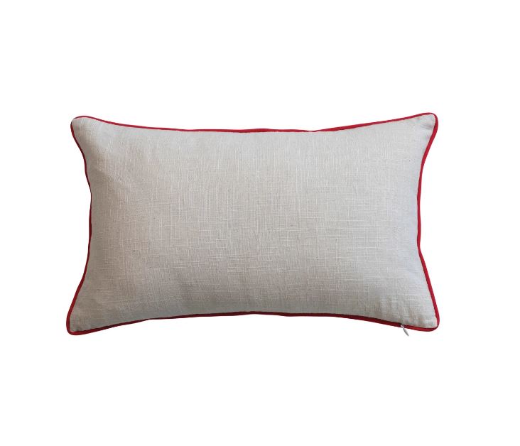 Lumbar Pillow w/ Embroidery & Red Piping "How to FA LA LA"