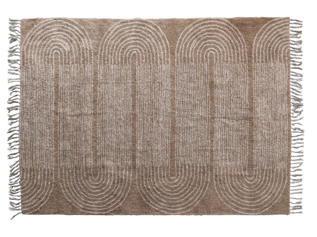 Cotton Tufted Rug w/ Cut Pattern & Fringe, Brown & Ivory Color