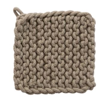 Cotton crocheted pot holders in beige, brown, white, and gray colors, each with a loop for hanging.