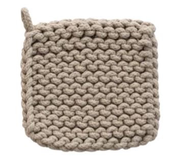 Cotton crocheted pot holders in beige, brown, white, and gray colors, each with a loop for hanging.