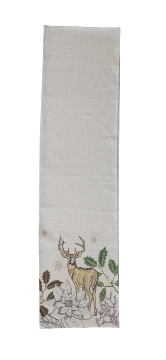  This table runner is a beautiful and elegant piece that features a green and natural color background and a flora/fauna pattern with metallic gold thread embroidery, creating a stunning and elegant display. The table runner also has a delicate fringe that adds some texture and detail to any space. The table runner is suitable for any occasion, whether it is a casual family meal, a festive holiday celebration, or a special event. The table runner is made of a blend of cotton and linen, which makes it soft, 