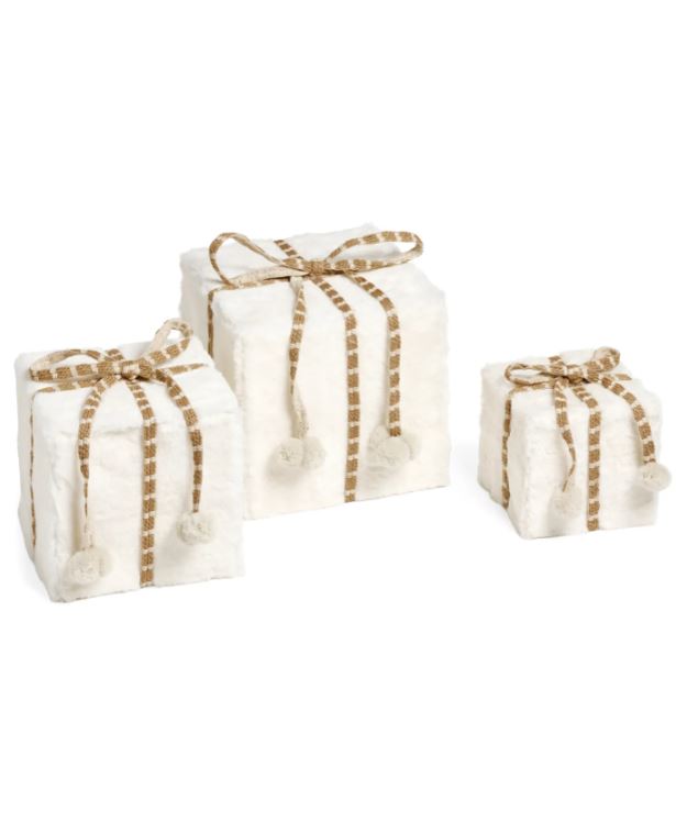 Elevate your holiday decor with our Deco Gift Box Set of 3 in White and Brown. These beautifully crafted boxes feature a chic, modern design that combines soft white with rich brown accents, making them a stylish addition to any festive setting.