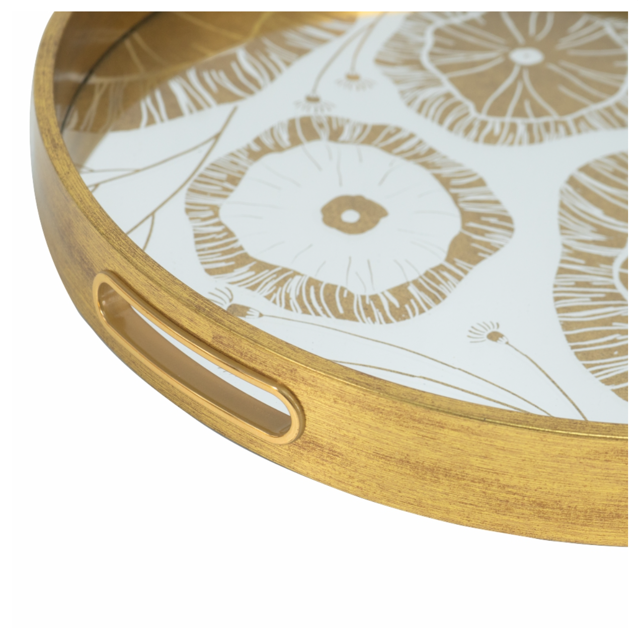 A pair of round plastic trays with a gold rim and floral motifs in the center.