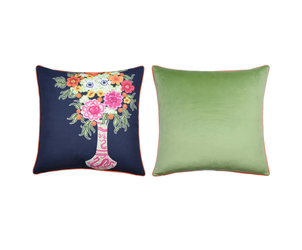 This exquisite 24-inch by 24-inch pillow features a beautiful floral print on one side and luxurious green velvet on the other, offering versatile style and exceptional comfort.