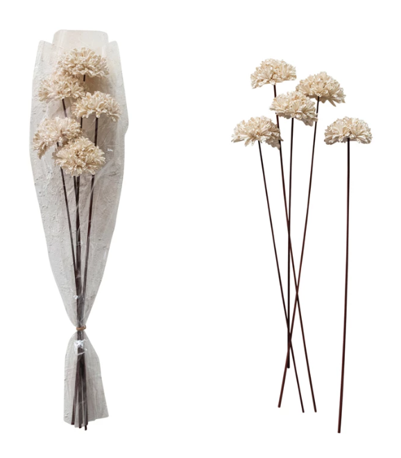 The flower bunch features dried natural sesame flowers that have a cream color and a soft texture, creating a cozy and elegant effect. The flower bunch also has a natural and varied shape and size, creating contrast and balance. The flower bunch is made of sesame flowers. It is easy to clean and maintain. The flower bunch measures 5.5 inches in length, 4 inches in width, and 23.5 inches in height. It contains 5 pieces; each one will vary slightly. The flower bunch is a versatile and stylish piece that can b