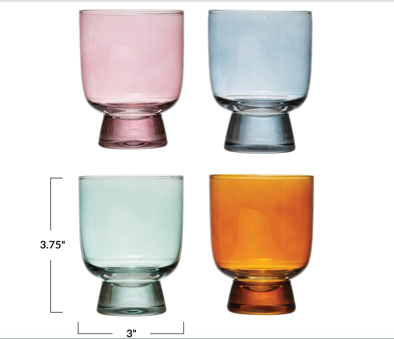 A set of four drinking glasses in different colors: pink, blue, green, and orange.