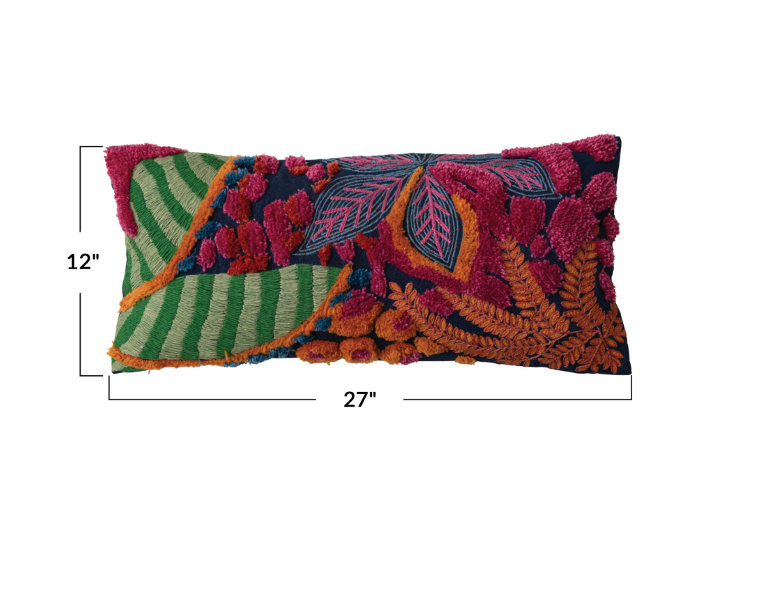 This embroidered fabric indoor/outdoor lumbar pillow features a vibrant and textured design with botanicals and tufting details. The pillow is a cozy addition to any space, adding charm and warmth. The multi-colored embroidered fabric gives it a vibrant and textured look, while the botanical design with tufting details adds personality and beauty. 
