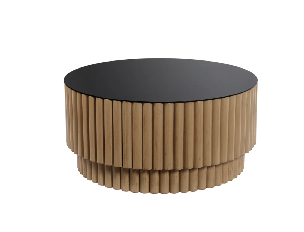 FLUTED BARREL coffee table, a stunning centerpiece that combines natural beauty and modern elegance. Crafted from premium natural pine wood, this tiered coffee table boasts a unique fluted barrel design that adds a touch of rustic charm to any room.